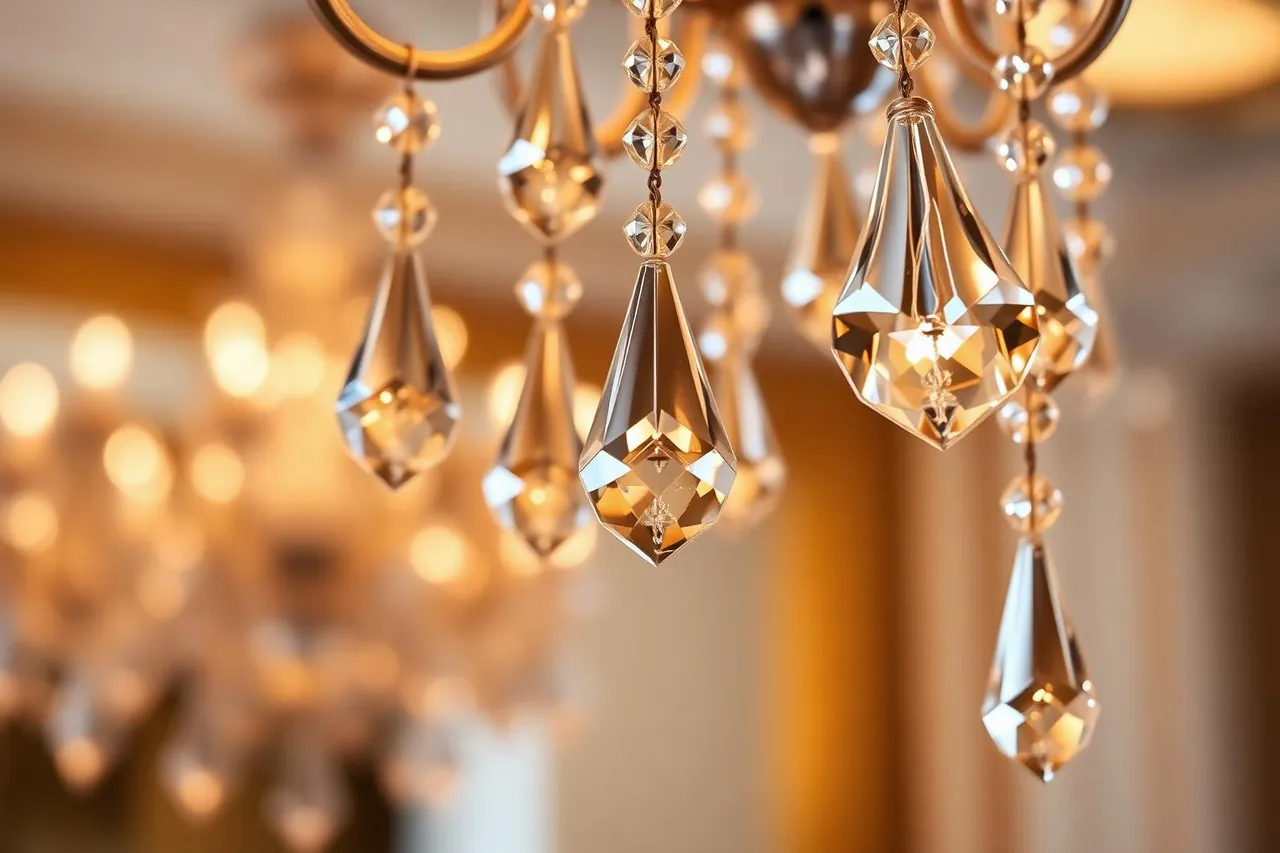 Dettaglio dei pendenti in cristallo molato di un lampadario moderno classico contemporaneo